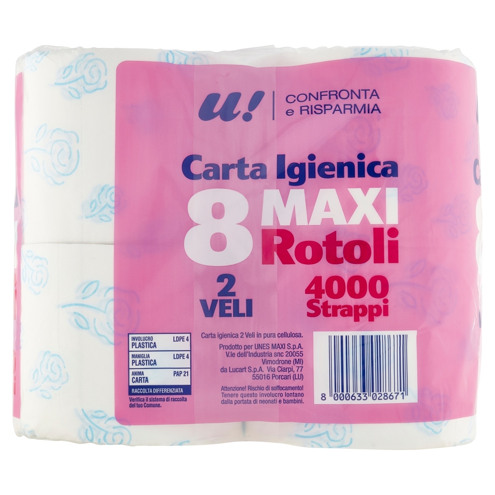8 Maxi Rotoli Carta Igienica 2 Veli U! Confronta e Risparmia